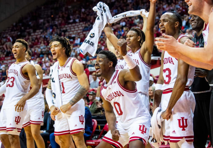 Indiana's Trayce Jackson-Davis (23), Jalen Hood-Schifino (1), Xavier Johnson (0), Malik Reneau (5) and Tamar Bates (53) celebrate during the Indiana versus St. Francis men's basketball game at Simon Skjodt Assembly Hall on Thursday, Nov. 3, 2022.